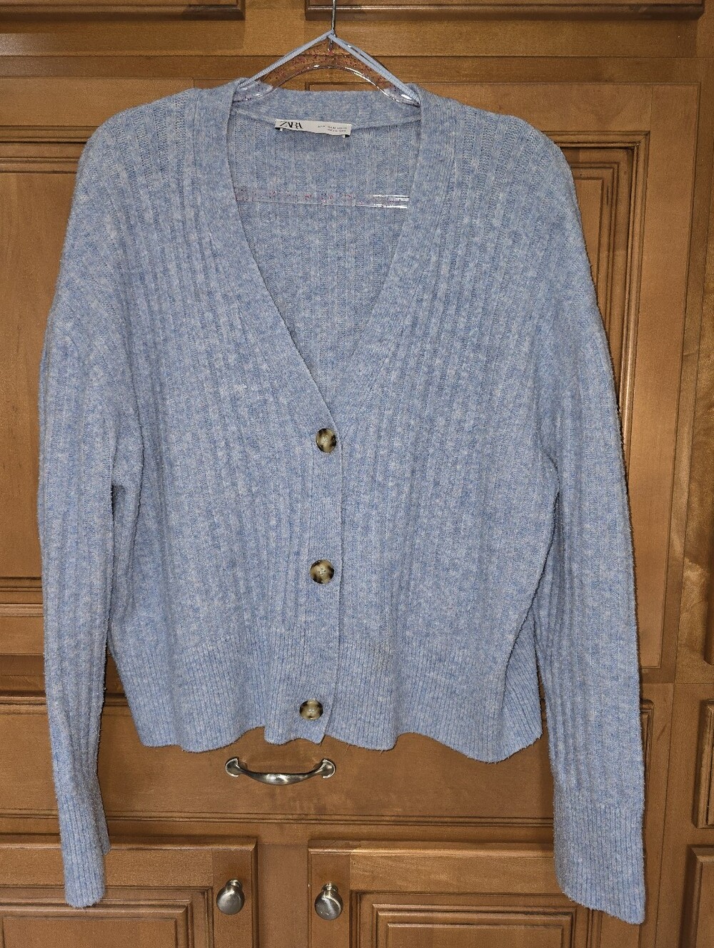 Zara Powder Blue Ribbed V-Neck Button-Up Cardigan